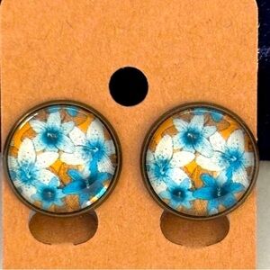 16mm Mustard Yellow and Blue Floral Print Clip On Earrings, Handmade, NWT